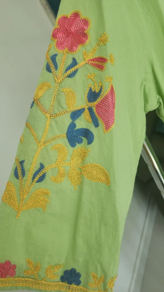 Light Green  | Cotton | Green Sleeve with Machine Thread work Pure Cotton