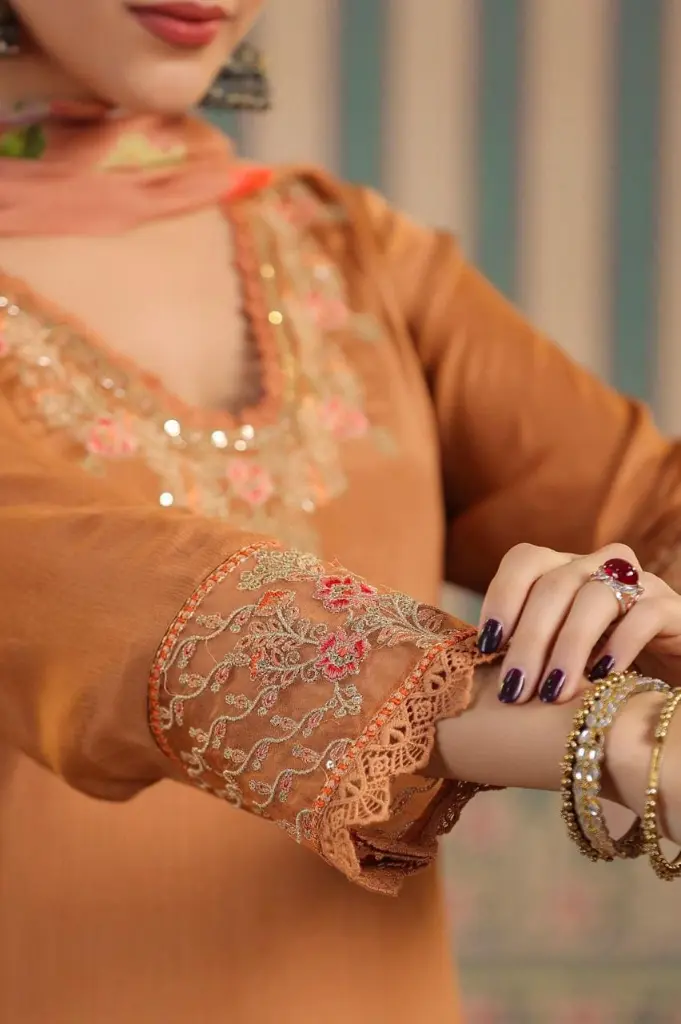 Rust light Brown | Chinnon | 3 pc Suit with net with work on pant (R4172)