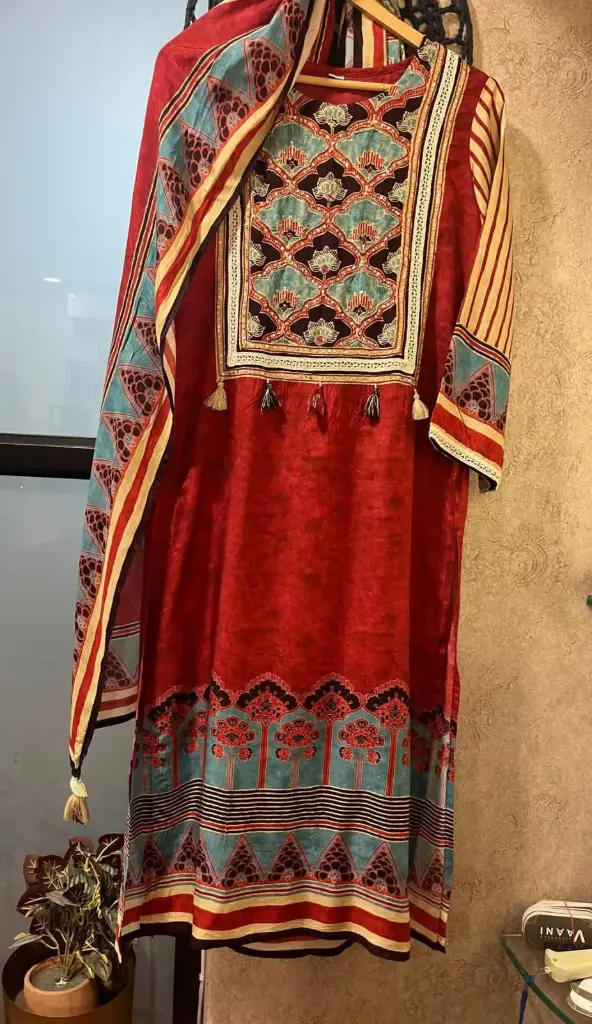 Red | Crape | Red Crape Suit with digital Print with work  and Printed Dupatta with crosia lace 