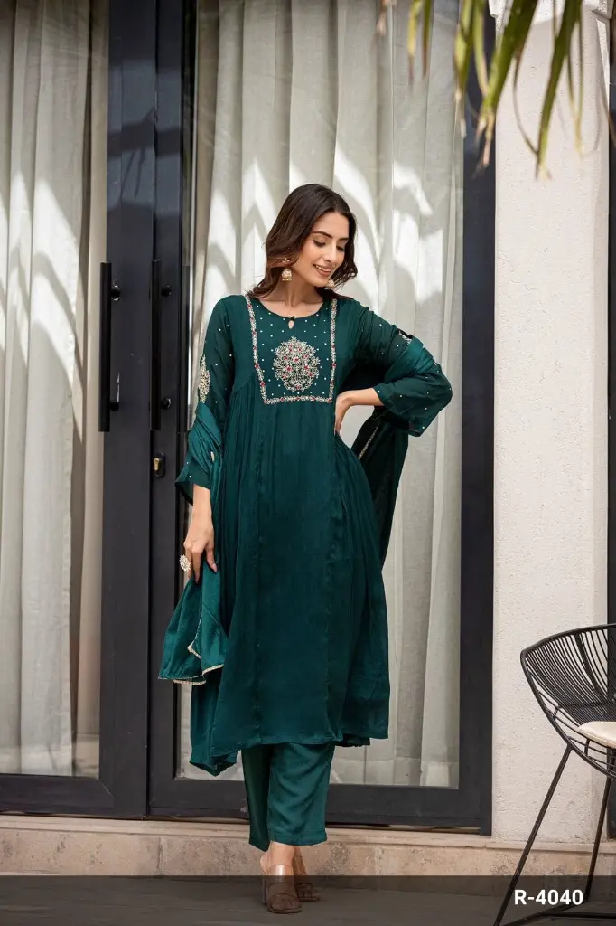 Bottle Green  | Chinnon  | Party Wear Monocrome Suit with Side gathers and work 