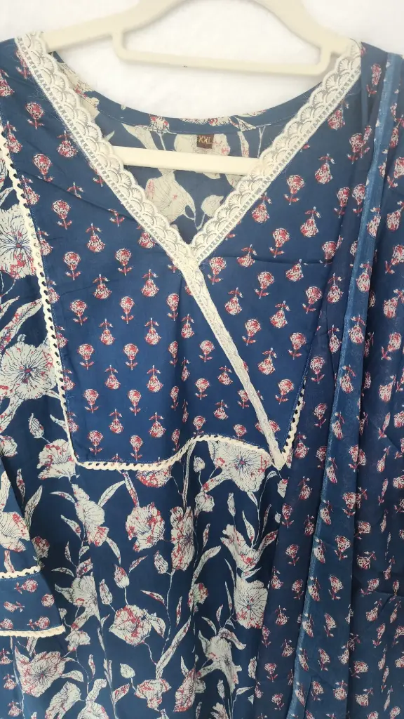 Navy Blue  | Cotton | Navy Blue Cotton Floral Print Suit Lace