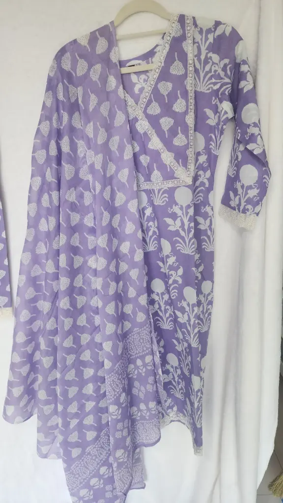 Lavender | Cotton  | Lace with Flower Design Suit Lavender 