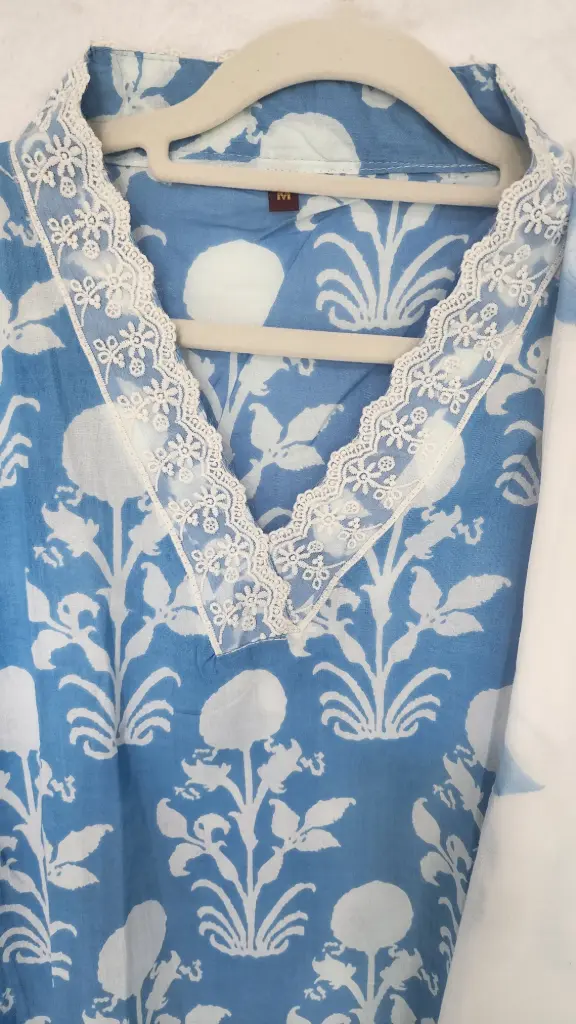 Blue | Cotton | Lace with Flower Design Suit Blue
