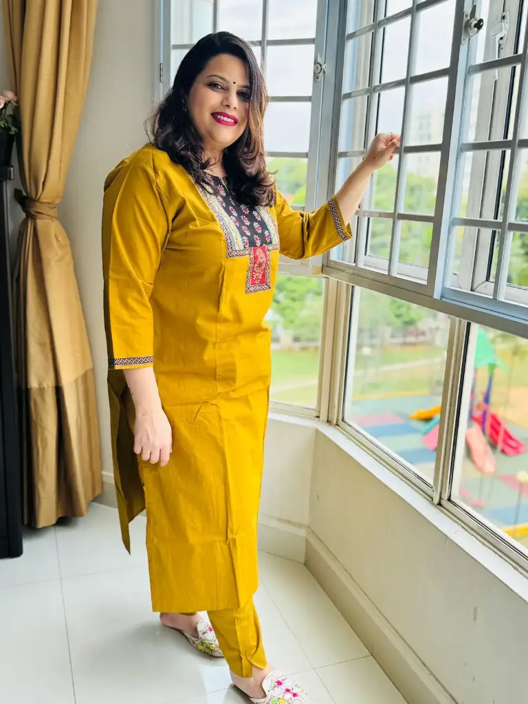 Mustard  | Cotton |  Mustard Ajrak Print on Yoke Kurta Pant Set