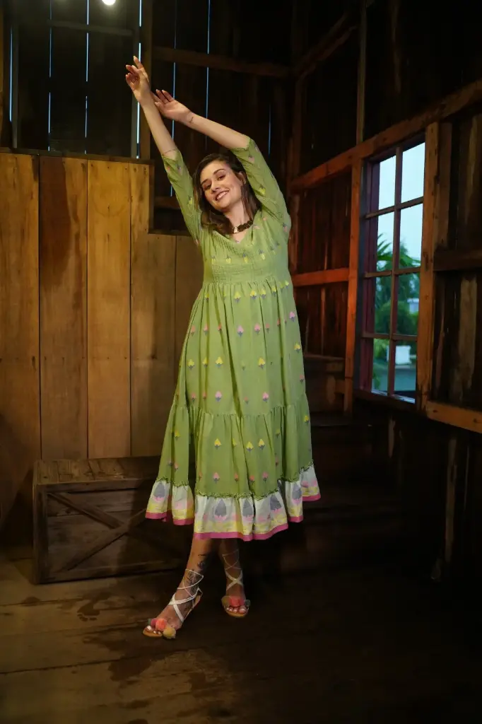 Green | Cotton | Green Pure Cotton Jamdani Dress 