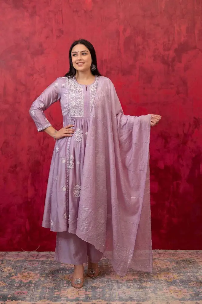 Lilac | Cotton Silk | lilac Chikankari with work 3pc Set 