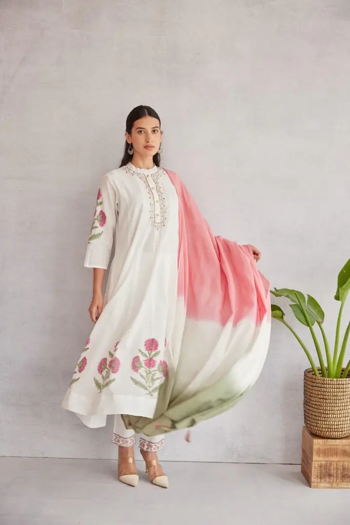 Pure-cotton-hand-embroidered-hand-block-print-anarkali-with-separate-inner-multi-shade-dupatta-white