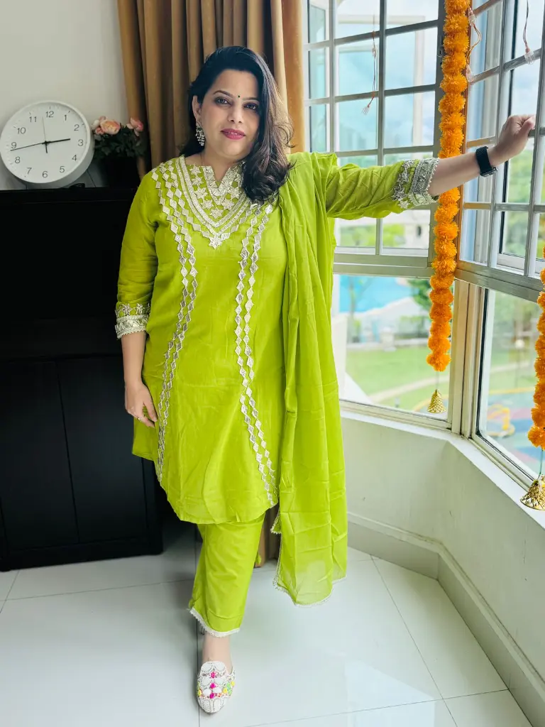 Green gota patti work A-line suit