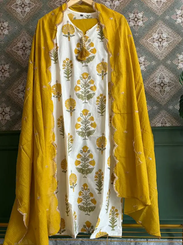 White and Yellow  | Cotton | White and Yellow Block Print with Work Suit