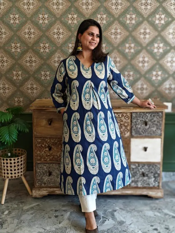 Navy Blue | Cotton  | Blue Kuhiri Design Kurta Pant Set