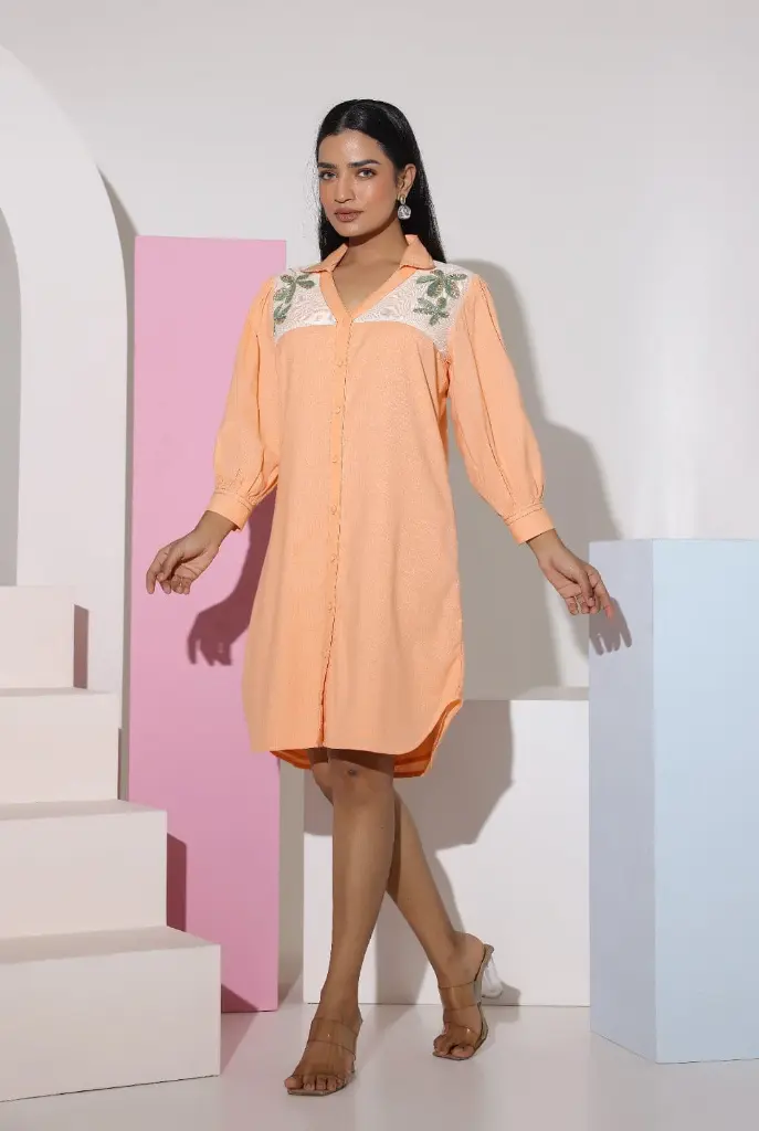 White orange | Cotton  | Peach Short Embroidered Dress