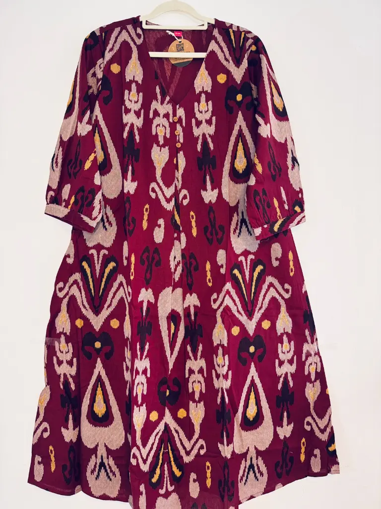 Red  | Cotton | Red Traditional Ikat Print Dress V-Neck with Button Detailing