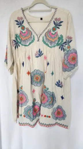 [SD_RDR3027] White  | Linen | Hand-embroidered Dress for women 