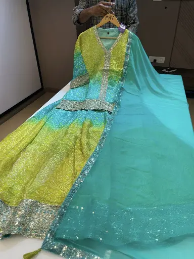 [SD_PSU7538] Yellow Blue  | Premium Chinnon | Heavy Work Premium Sharara Suit 
