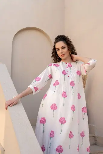 [SD_HKP3046] White and Pink  | Cotton | White and Pink Block Print Kurta Pant Set 