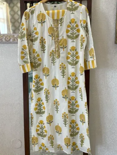 [SD_HSU3048] Yellow Strip  | Cotton | Yellow Block Print Strip Pant Suit 