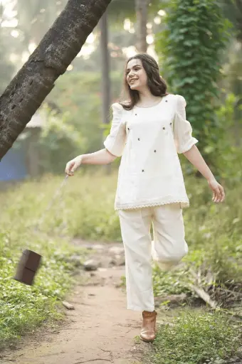[JL_HCO4026] White | Linen Cotton | White Coord Set Puff Sleeves