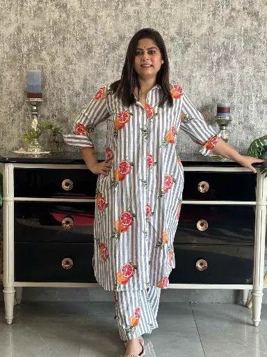 [JL_HKP2537] Grey White | Cotton | Grey Fruit Print Kurta Pant Set with Strips