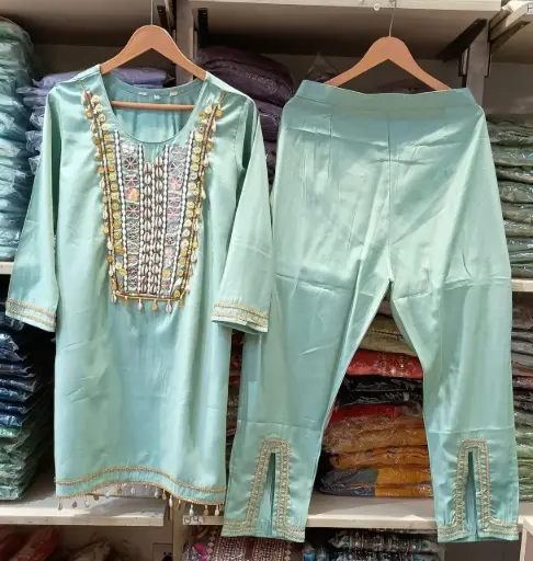 [JL_SCO4040] Sea Green | Cotton Silk  | Sea Green Coord with  Coin Shell and Real Mirror