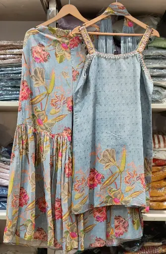 [JL_SSU4543] Grey  | Mul Cotton Silk  | Grey Sharara Silk with Digital Print Suit