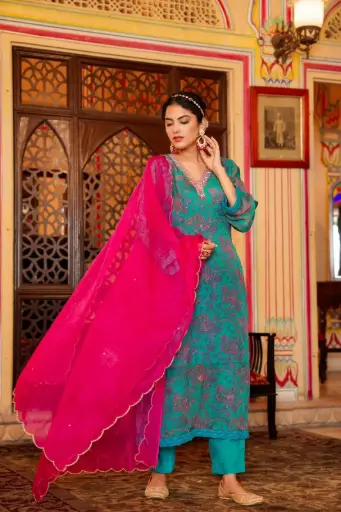 [SD_OSSU45124] Green  | Chinnon  | Plazzo Suit with contrast Pink Dupatta and work Green Suit 