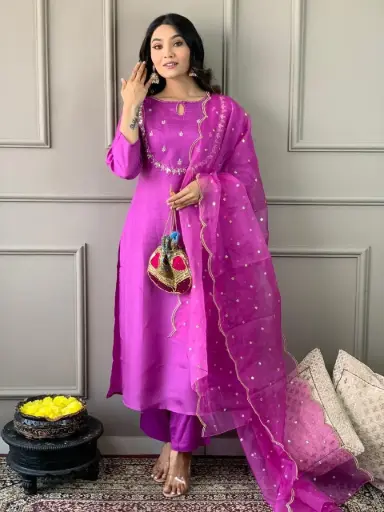 [SD_OSSU45125] Lilac  | Roman Silk  | Beatiful Lilac 3 pc Suit with gota patti work on Yoke with Organza Dupatta 