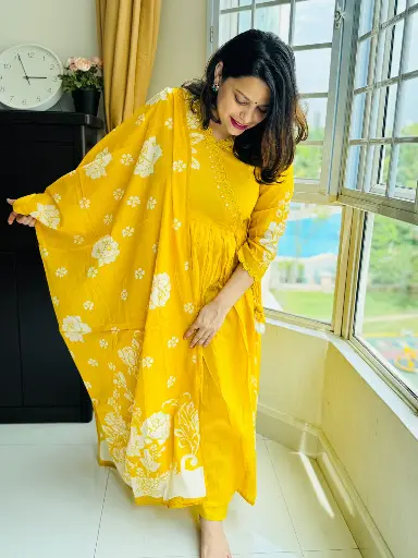 [SD_OSSU35130] Yellow | Mul Cotton  | Yellow Suit with flower design and light real mirror work on Yoke Angrakha  
