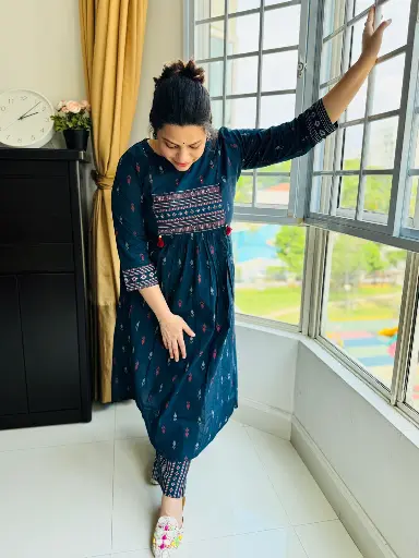 [SD_OSKP25133] Navy Blue  | Cotton | Navy Blue Kurta Pant Set With Tassels 
