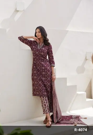 [SD_OSSU25135] Maroon  | Cotton | Marron V neck Floral Printed Suit with Dupatta contrast pants