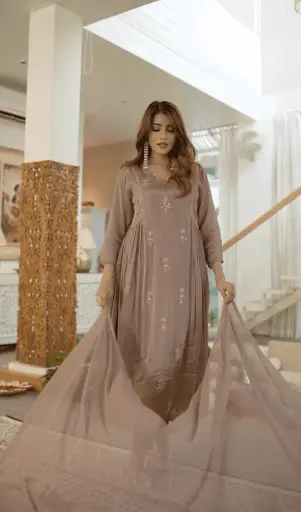 Dusky Grey | Premium Chinnon | Dusky grey Chinon suit, embroidered ethnic wear, festive fashion