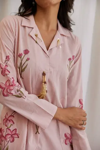 Dusky Pink | Cotton | Handblock Kurta Pant Set with Inner