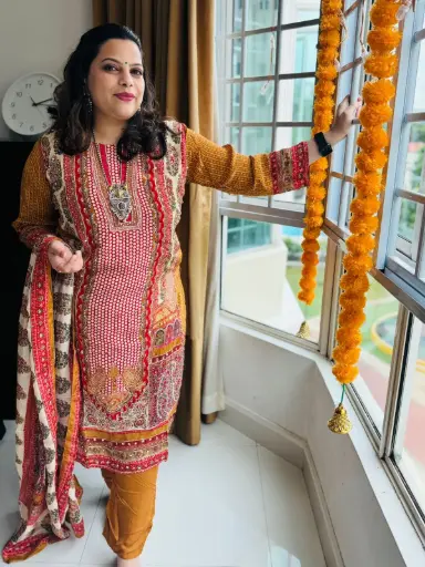 [0825-28] Multi colour Crape Suit  Swarovski ( mustard)