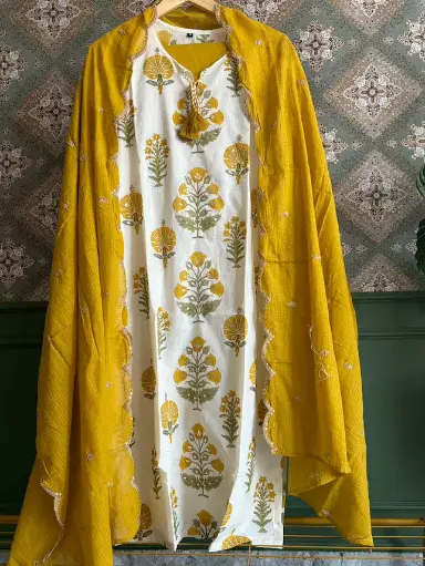White and Yellow  | Cotton | White and Yellow Block Print with Work Suit
